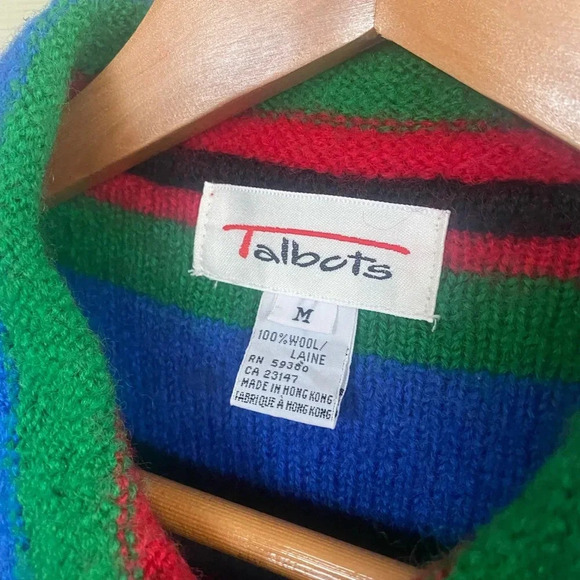 TALBOTS 90s vintage wool sweater rainbow striped peacoat cardigan sz M - Picture 6 of 15